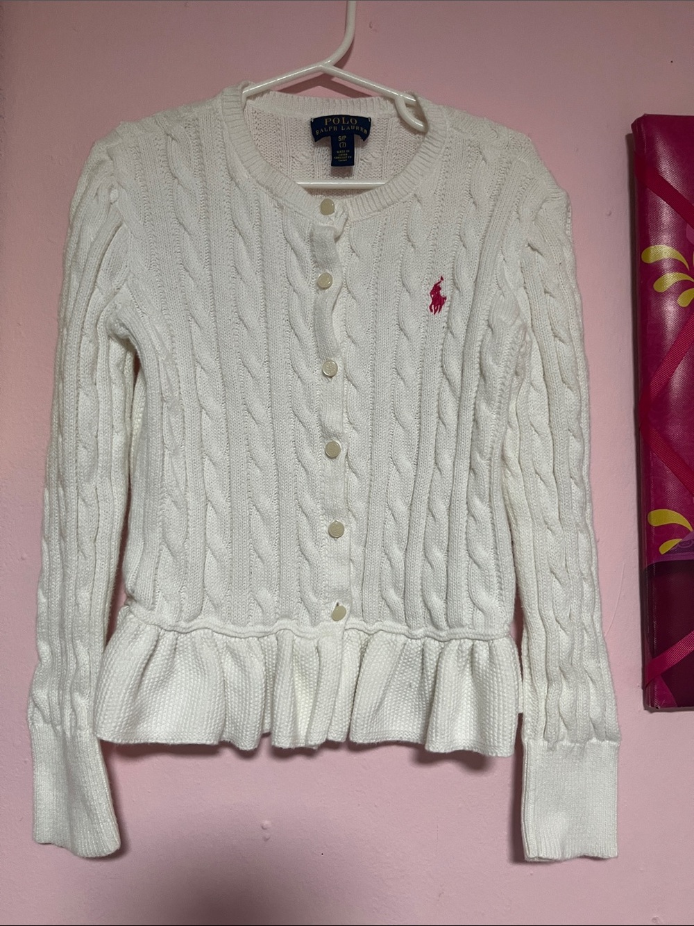 Ralph Lauren Cream Cable-Knit Button Front Cardigan with Peplum